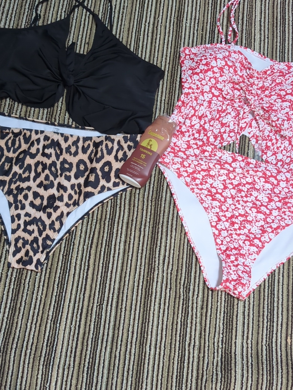 #0153 Mix & Match Swim Set - Black Top, Leopard Bottom & Red Floral 2 Pc